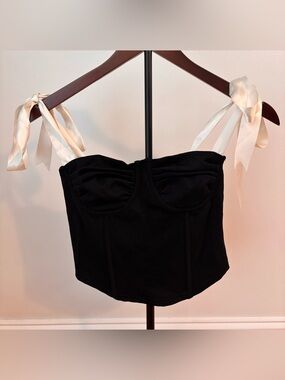 Pretty Garbage Bella Corset Top Black Ivory Bow Strap Bustier Crop S